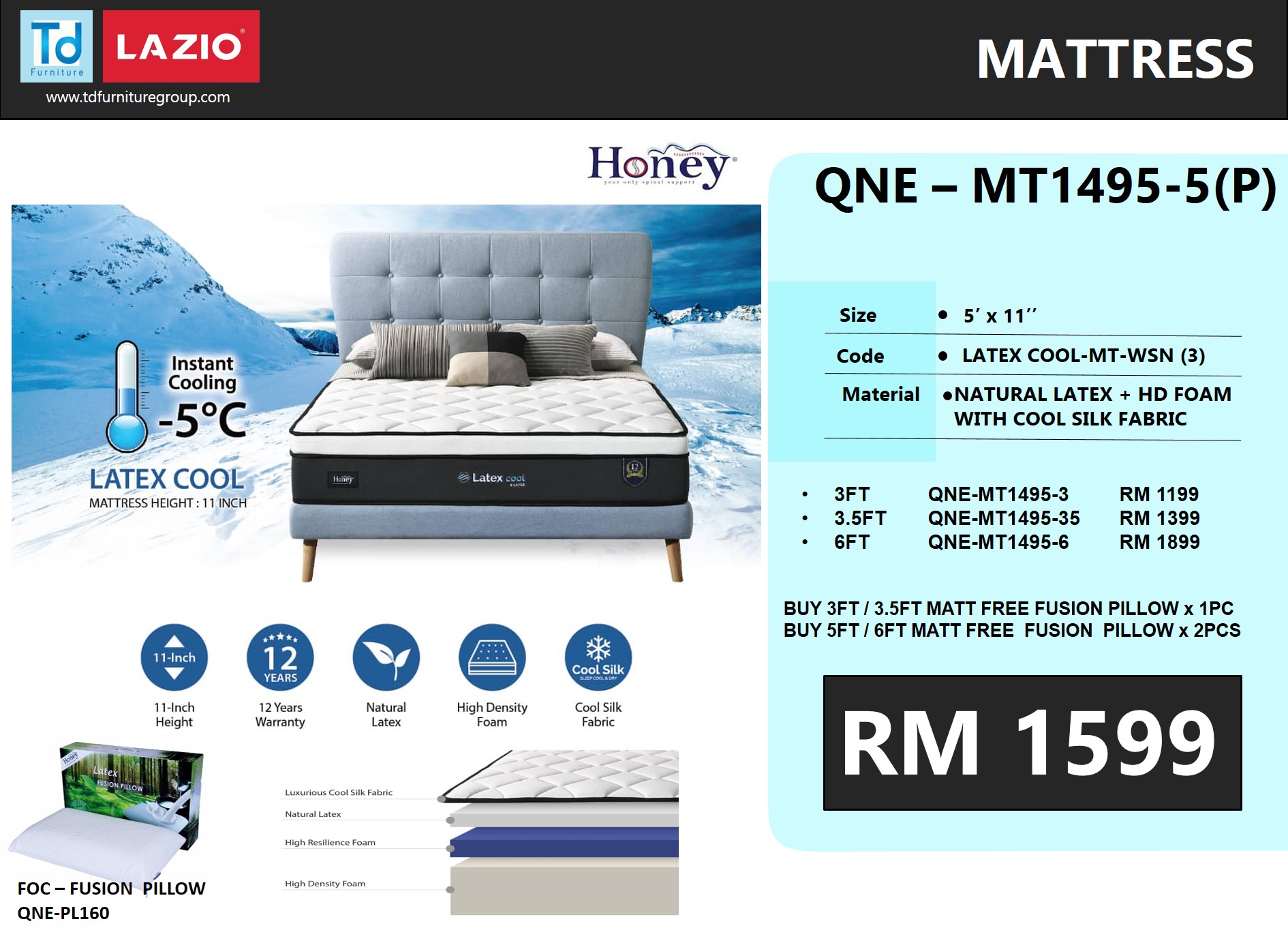 LATEX COOL-6MT-WSN- 6'x11'' NATURAL LATEX+ HD FOAM MATTRESS WITH  COOL SILK FABRIC